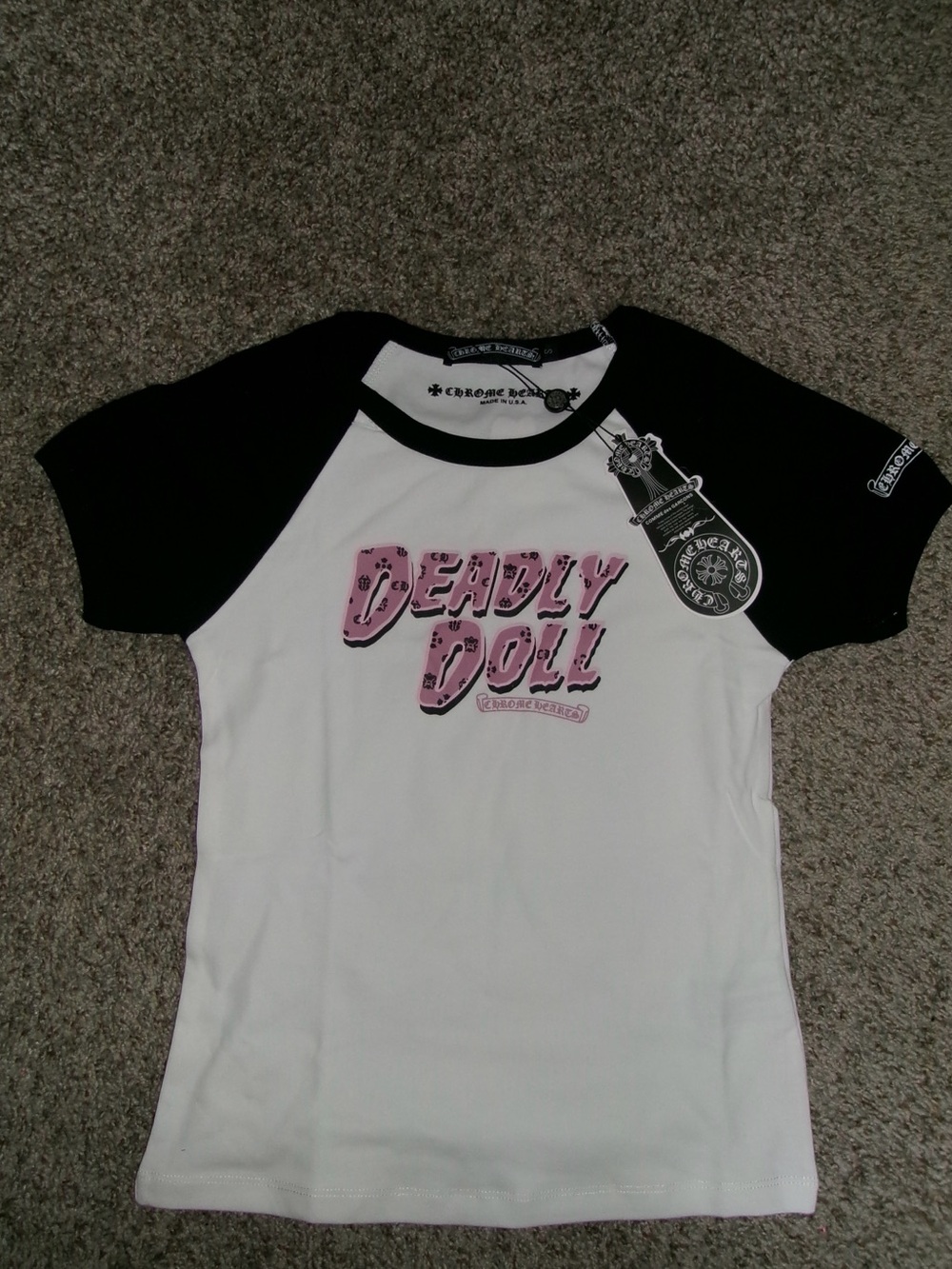 Chrome Hearts Deadly Doll Raglan Tee - White & Black with Pink Logo